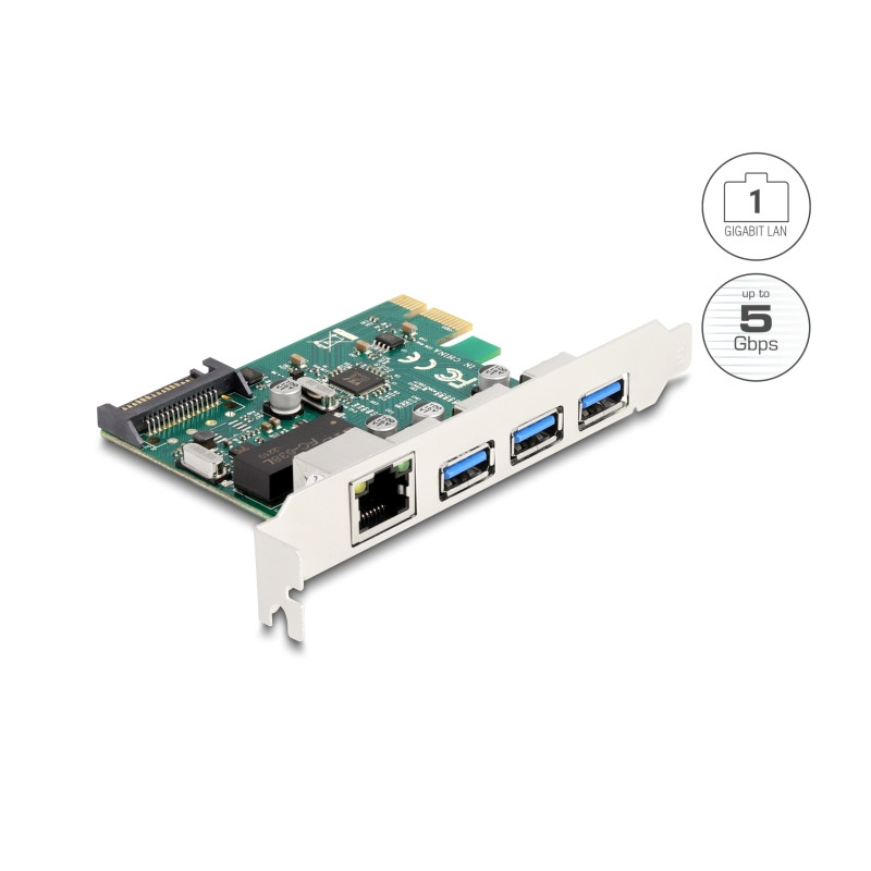 Delock PCI Express x1 Karte zu 3 x USB 5 Gbps Typ-A Buchse + 1 x Gigabit LAN