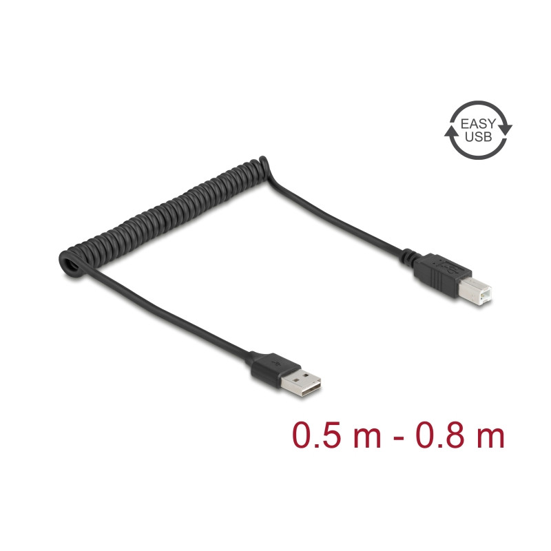 Delock Spiralkabel EASY-USB 2.0 Typ-A Stecker zu USB Typ-B Stecker 0,5 m bis 0,8 m schwarz