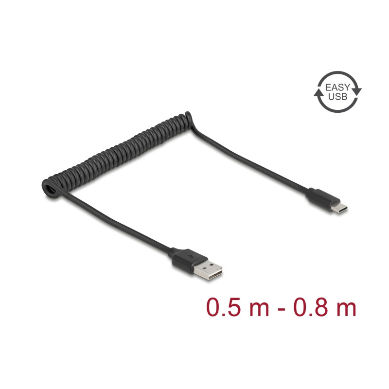Delock Spiralkabel EASY-USB 2.0 Typ-A Stecker zu USB Type-C™ Stecker 0,5 m bis 0,8 m schwarz