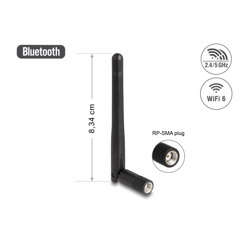 Delock WLAN 802.11 ac/ax/a/b/g/n Antenne RP-SMA Stecker 2 dBi omnidirektional mit Kippgelenk schwarz