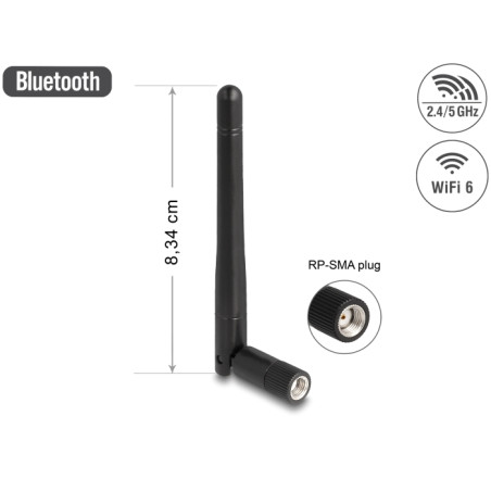 Delock WLAN 802.11 ac/ax/a/b/g/n Antenne RP-SMA Stecker 2 dBi omnidirektional mit Kippgelenk schwarz