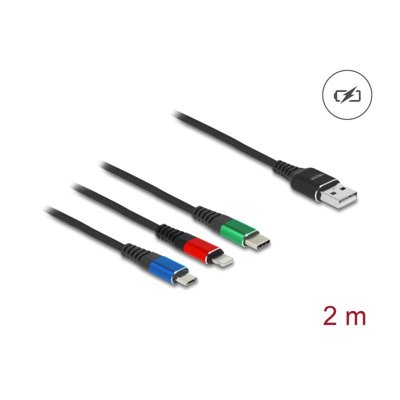Delock USB Ladekabel 3 in 1 Typ-A zu Lightning™ / Micro USB / USB Type-C™ 2 m 3-farbig