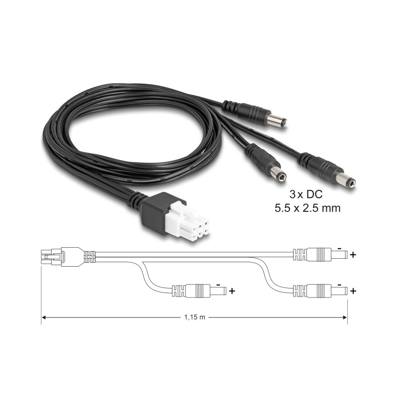 Delock Kabel Mini-Fit 4,2 mm 6 Pin Stecker zu 3 x DC 5,5 x 2,5 mm Stecker schwarz