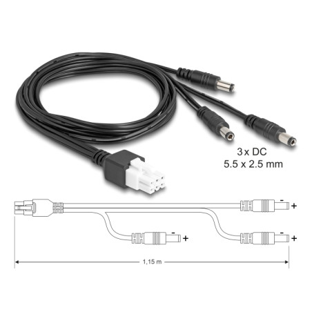 Delock Kabel Mini-Fit 4,2 mm 6 Pin Stecker zu 3 x DC 5,5 x 2,5 mm Stecker schwarz