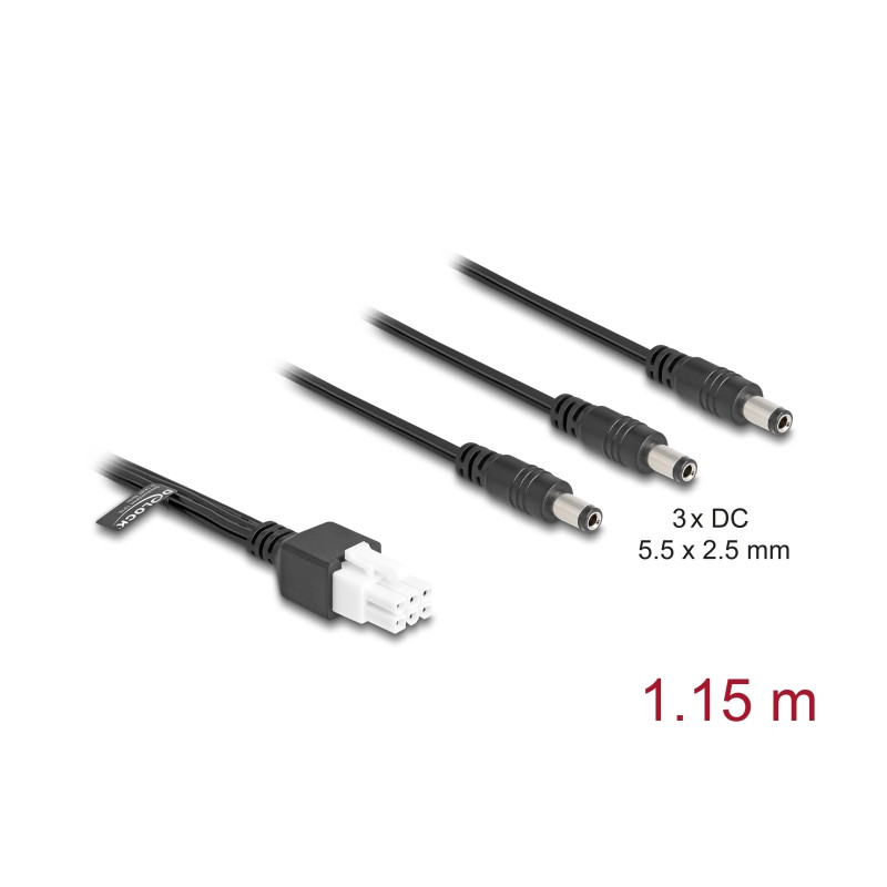 Delock Kabel Mini-Fit 4,2 mm 6 Pin Stecker zu 3 x DC 5,5 x 2,5 mm Stecker schwarz