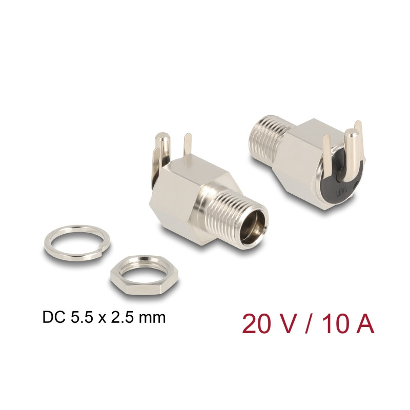 Delock Steckverbinder DC 5,5 x 2,5 mm Buchse zum Einbau Lötversion gewinkelt - Sechskant 20 V / 10 A