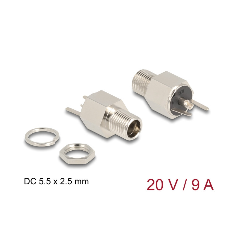 Delock Steckverbinder DC 5,5 x 2,5 mm Buchse zum Einbau Lötversion - Sechskant 20 V / 9 A
