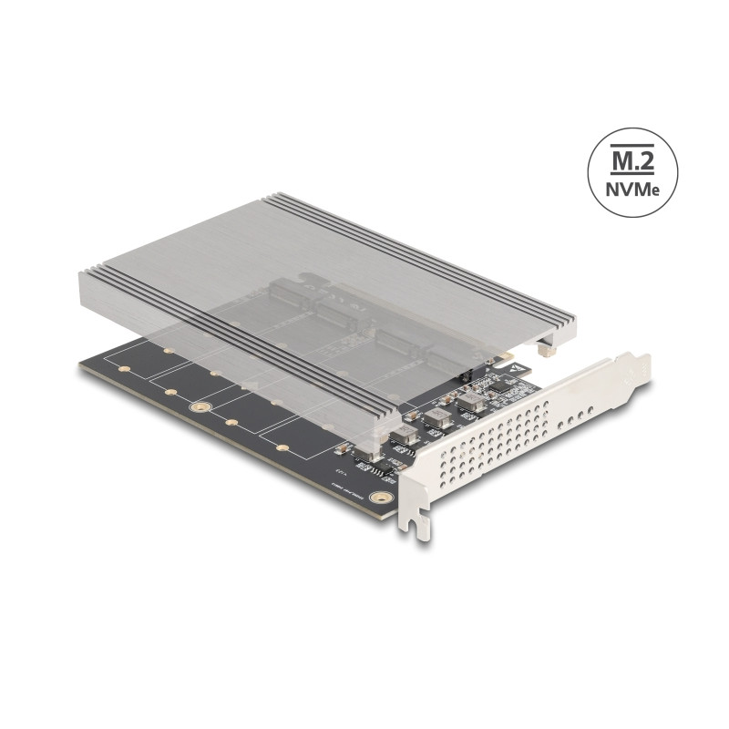 Delock PCI Express x16 Karte zu 4 x intern NVMe M.2 Key M mit Kühlkörper - Bifurcation (LxB: 145 x 111 mm)