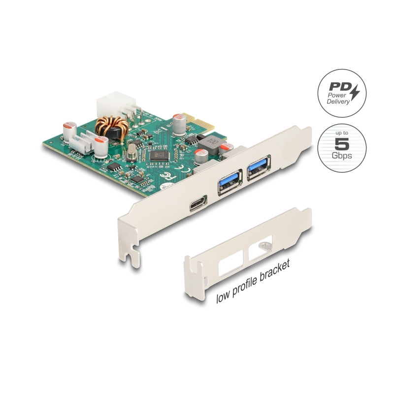 Delock PCI Express x1 Karte zu 1 x extern USB Type-C™ Buchse PD 30 W + 2 x extern USB Typ-A Buchse USB 5 Gbps