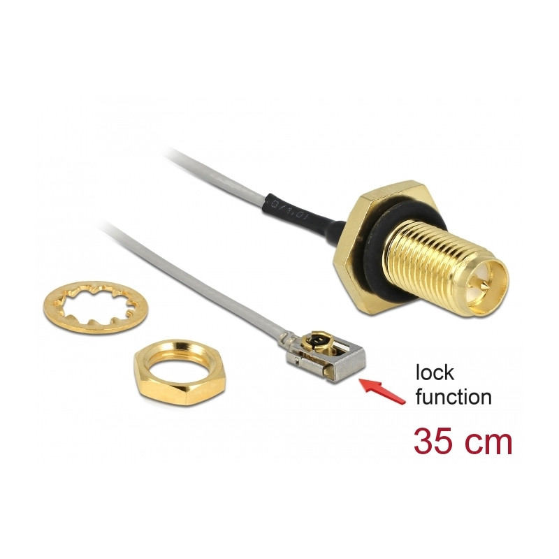 Delock Antennenkabel RP-SMA Buchse zum Einbau zu I-PEX Inc., MHF® I LK Stecker 1.13 35 cm Gewindelänge 10 mm spritzwassergeschüt
