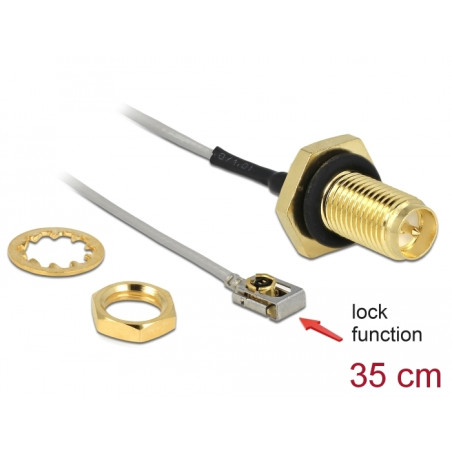 Delock Antennenkabel RP-SMA Buchse zum Einbau zu I-PEX Inc., MHF® I LK Stecker 1.13 35 cm Gewindelänge 10 mm spritzwassergeschüt