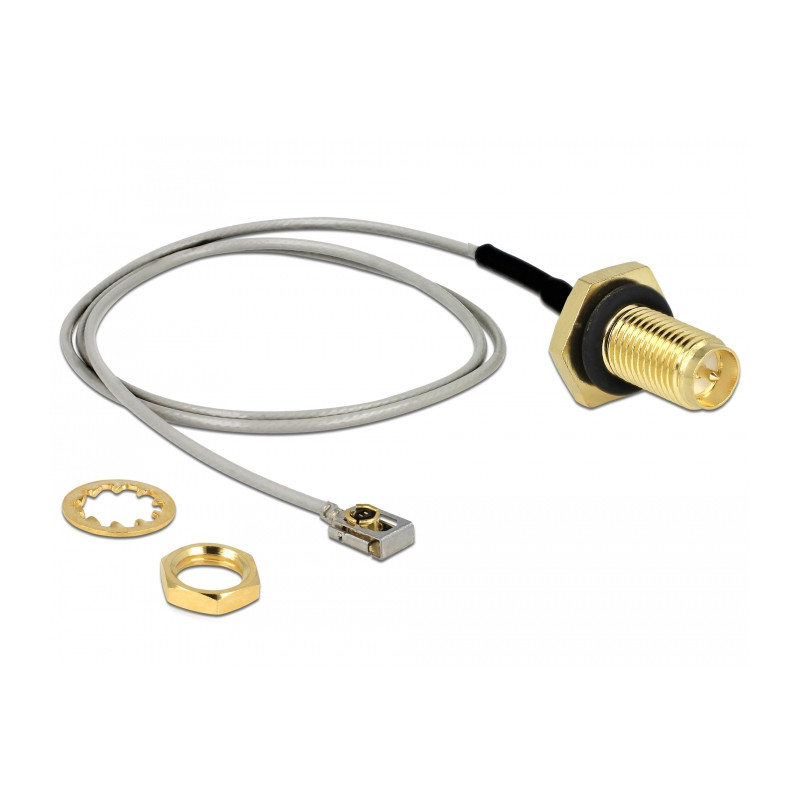 Delock Antennenkabel RP-SMA Buchse zum Einbau zu I-PEX Inc., MHF® I LK Stecker 1.13 35 cm Gewindelänge 10 mm spritzwassergeschüt