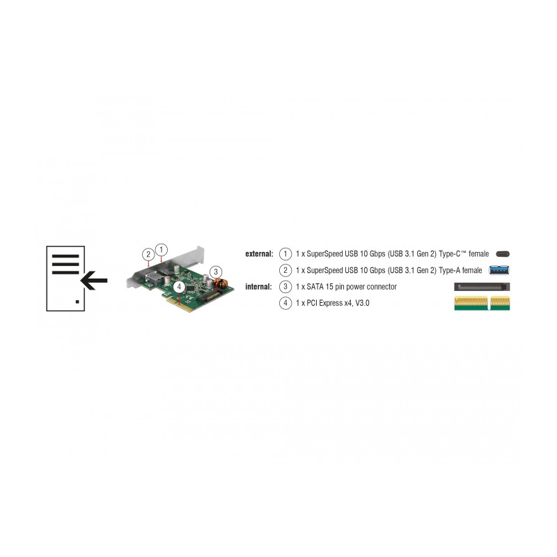 Delock PCI Express x4 Karte zu 1 x extern USB Type-C™ Buchse + 1 x extern USB Typ-A Buchse SuperSpeed USB 10 Gbps