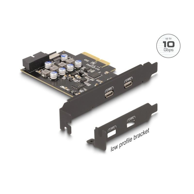 Delock PCI Express x4 Karte zu 2 x extern USB Type-C™ + 1 x intern USB 10 Gbps Typ-E Key A und 1 x 19 Pin Pfostenstecker - Low P
