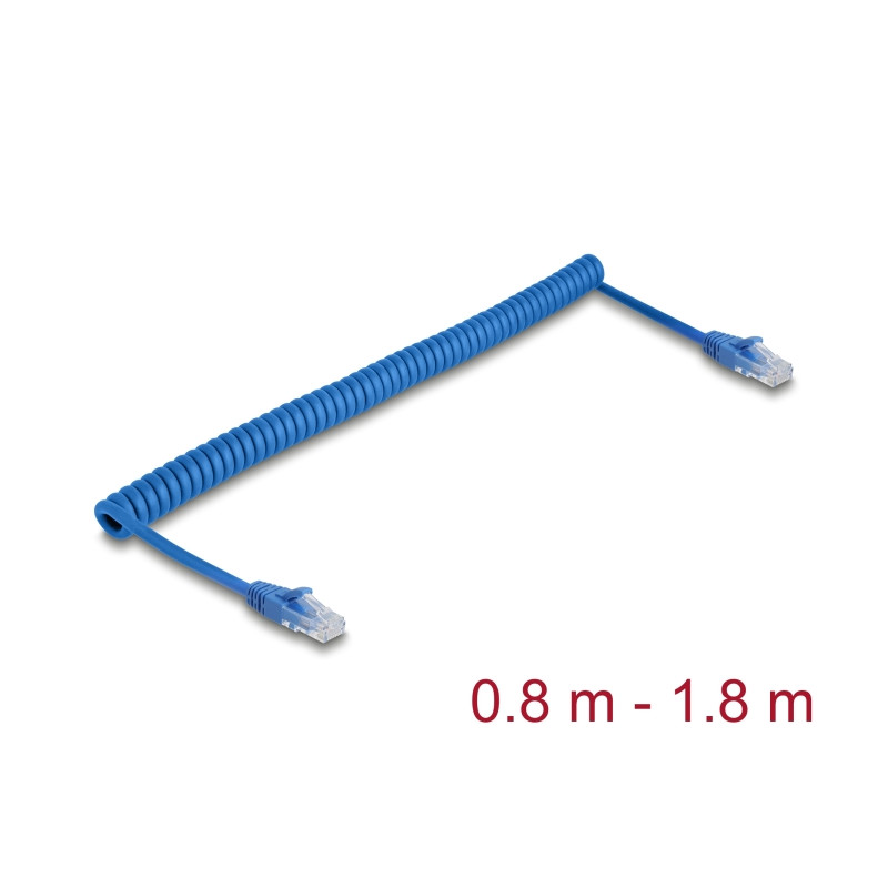 Delock RJ45 Spiralkabel Stecker zu Stecker Cat.6 UTP 0,8 m bis 1,8 m blau