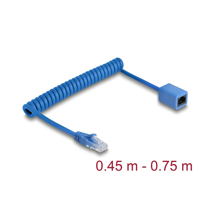 Delock RJ45 Spiralkabel Stecker zu Buchse Cat.6 UTP 0,45 m bis 0,75 m blau
