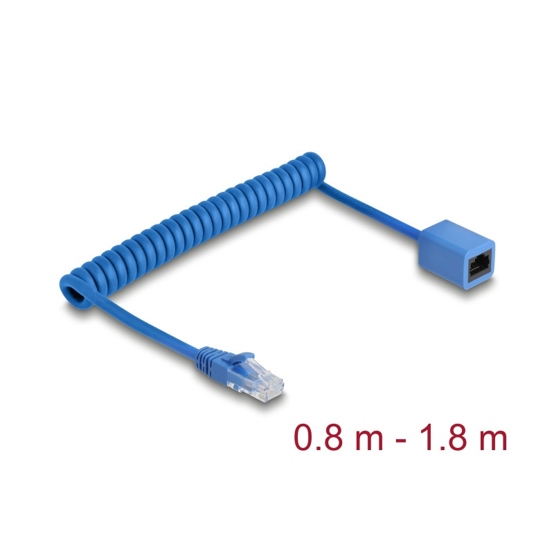 Delock RJ45 Spiralkabel Stecker zu Buchse Cat.6 UTP 0,8 m bis 1,8 m blau