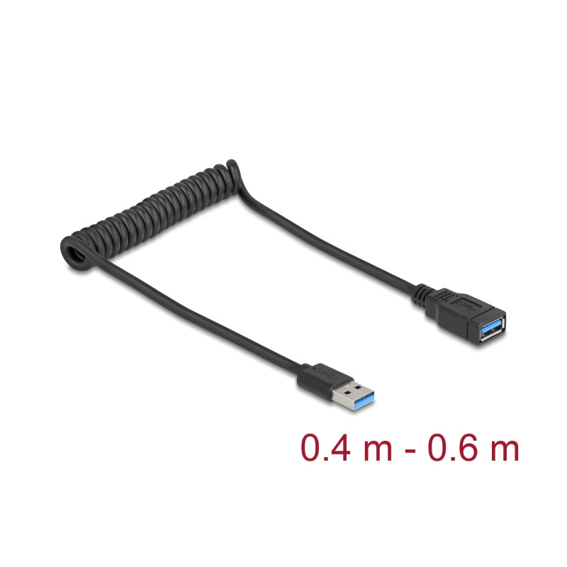 Delock USB 5 Gbps Spiralkabel Typ-A Stecker zu Typ-A Buchse 0,4 m bis 0,6 m schwarz
