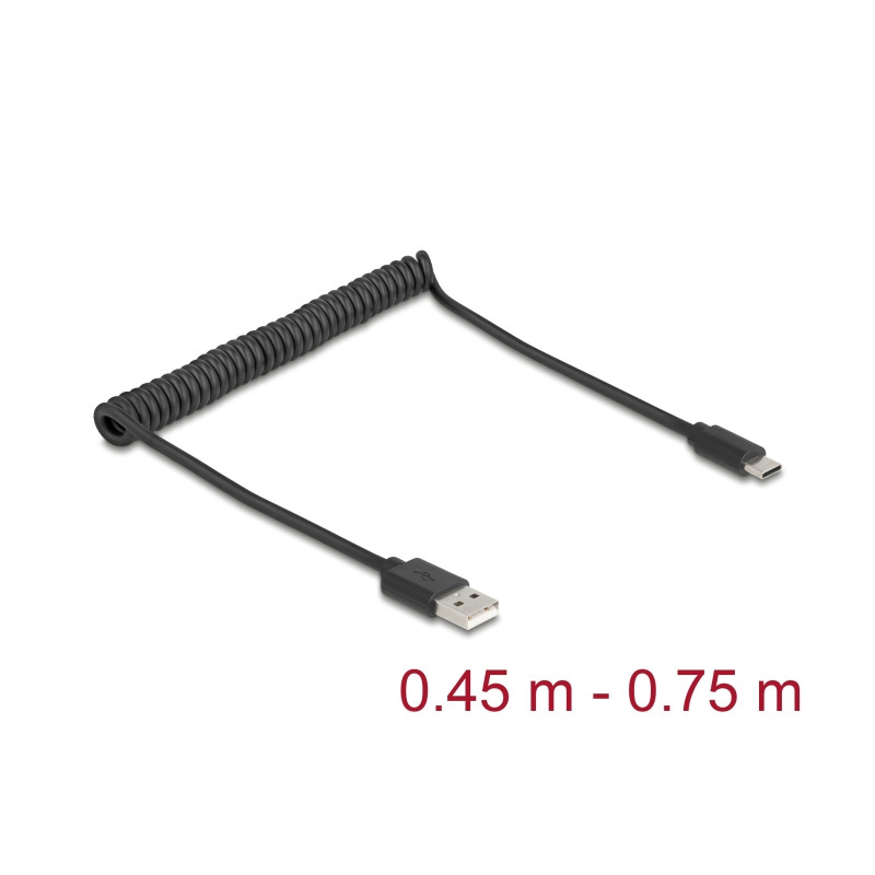 Delock USB 2.0 Spiralkabel USB Typ-A Stecker zu USB Type-C™ Stecker 0,45 m bis 0,75 m schwarz