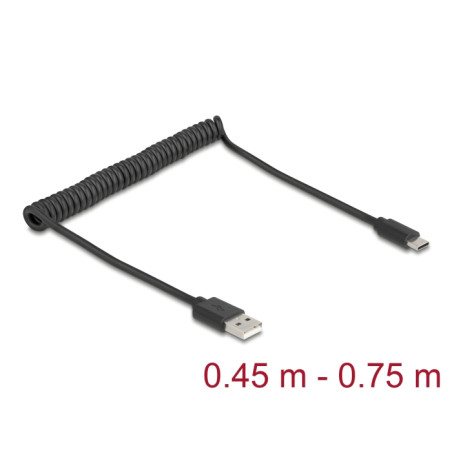 Delock USB 2.0 Spiralkabel USB Typ-A Stecker zu USB Type-C™ Stecker 0,45 m bis 0,75 m schwarz