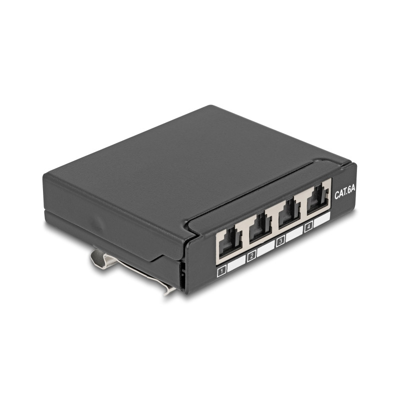 Delock Mini Desktop Patchpanel RJ45 Buchse 4 Port Cat.6A geschirmt schwarz - zur Montage an Tisch, Wand oder Hutschiene