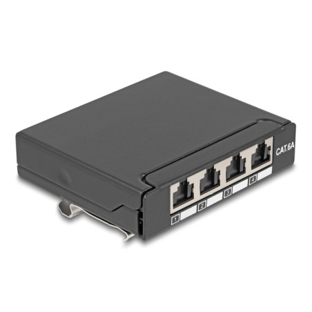 Delock Mini Desktop Patchpanel RJ45 Buchse 4 Port Cat.6A geschirmt schwarz - zur Montage an Tisch, Wand oder Hutschiene