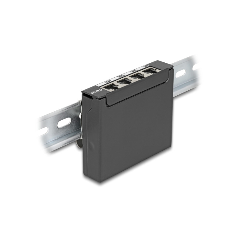 Delock Mini Desktop Patchpanel RJ45 Buchse 4 Port Cat.6A geschirmt schwarz - zur Montage an Tisch, Wand oder Hutschiene