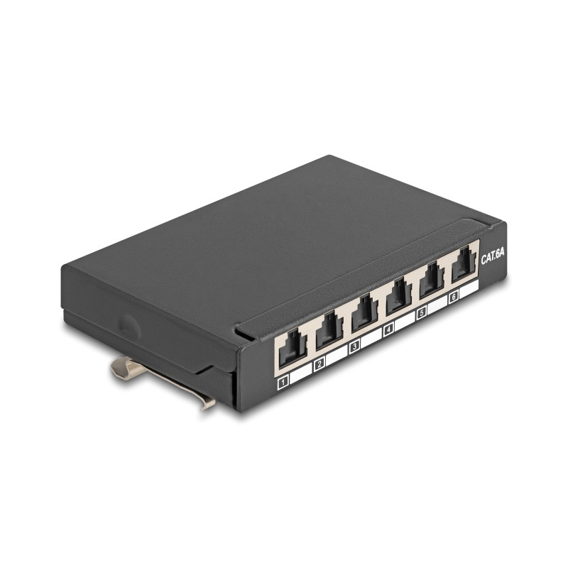 Delock Mini Desktop Patchpanel RJ45 Buchse 6 Port Cat.6A geschirmt schwarz - zur Montage an Tisch, Wand oder Hutschiene