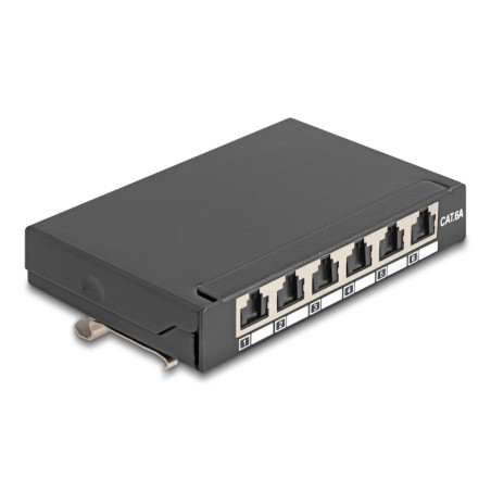 Delock Mini Desktop Patchpanel RJ45 Buchse 6 Port Cat.6A geschirmt schwarz - zur Montage an Tisch, Wand oder Hutschiene