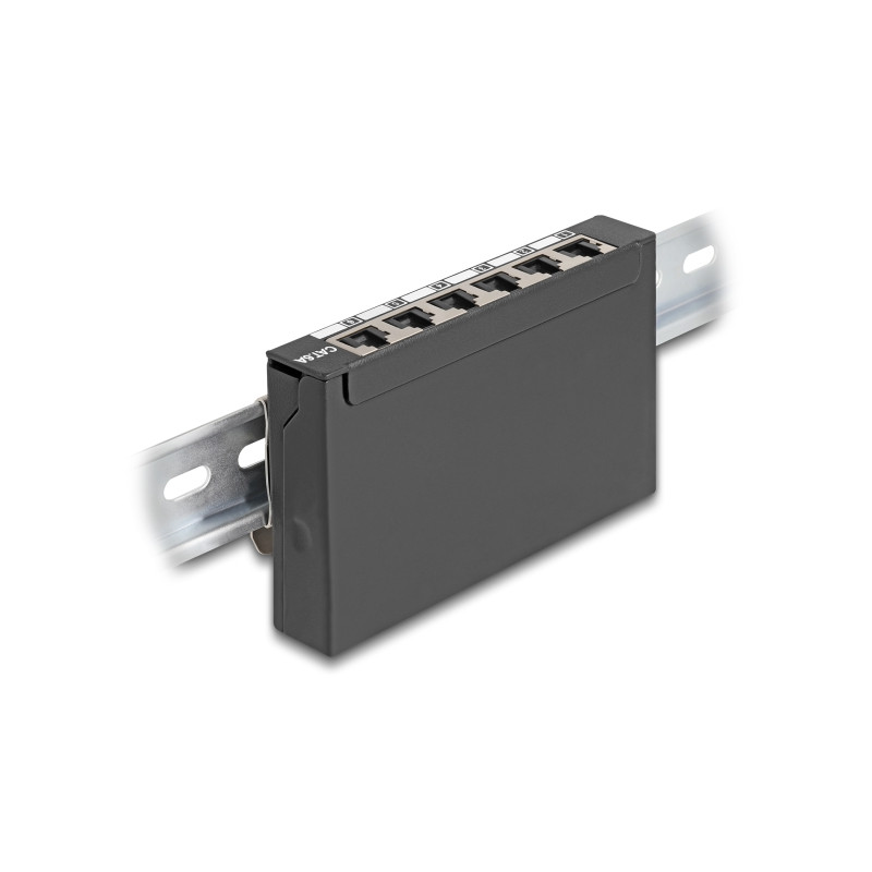 Delock Mini Desktop Patchpanel RJ45 Buchse 6 Port Cat.6A geschirmt schwarz - zur Montage an Tisch, Wand oder Hutschiene