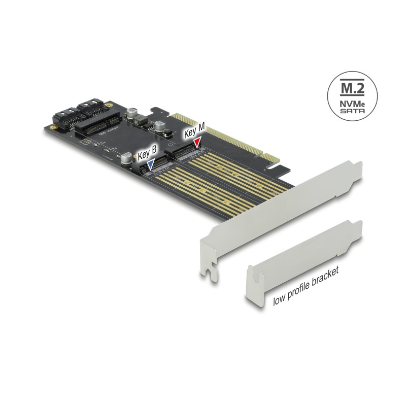 Delock PCI Express x16 Karte zu 1 x M.2 Key B + 1 x NVMe M.2 Key M + 1 x mSATA - Low Profile Formfaktor