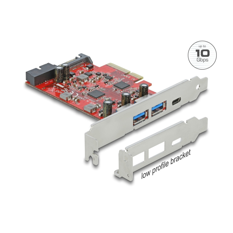Delock PCI Express x4 Karte zu 1 x extern USB Type-C™ Buchse + 2 x extern USB Typ-A Buchse SuperSpeed USB 10 Gbps + 1 x intern U