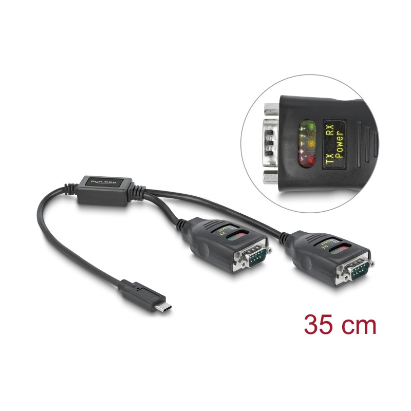 Delock Adapter USB Type-C™ zu 2 x Seriell RS-232 DB9 mit 15 kV ESD Schutz