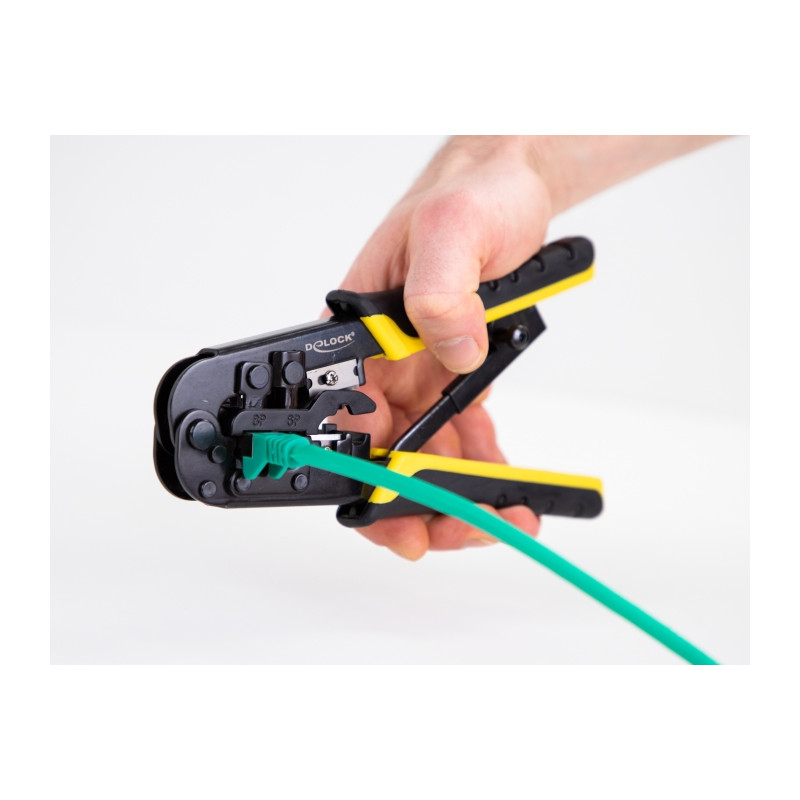 Delock Universelle Crimpzange mit Abisolierer für 8P (RJ45), 6P (RJ12/11) oder 4P Stecker