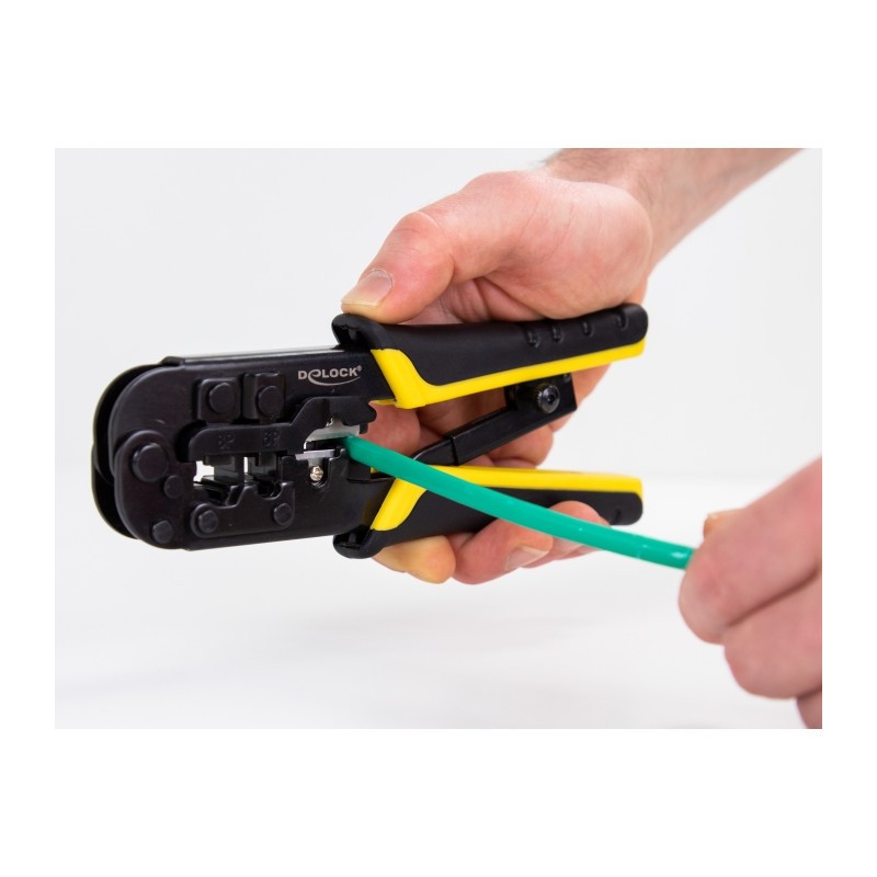 Delock Universelle Crimpzange mit Abisolierer für 8P (RJ45), 6P (RJ12/11) oder 4P Stecker