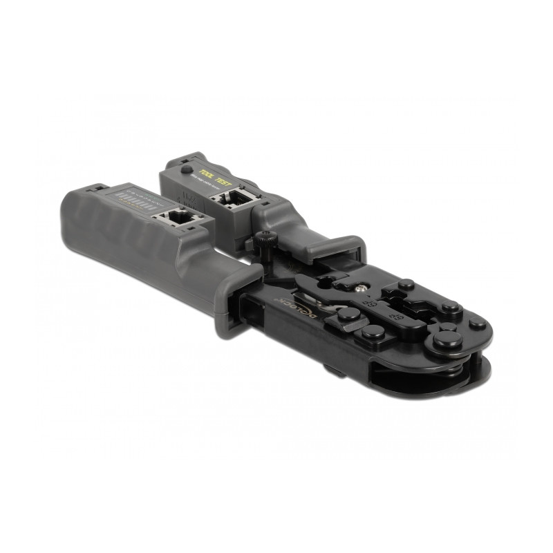 Delock Crimpzange mit Abisolierer und Netzwerktester für 8P (RJ45), 6P (RJ12/11) oder 4P (RJ10) Stecker