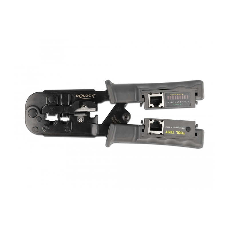 Delock Crimpzange mit Abisolierer und Netzwerktester für 8P (RJ45), 6P (RJ12/11) oder 4P (RJ10) Stecker