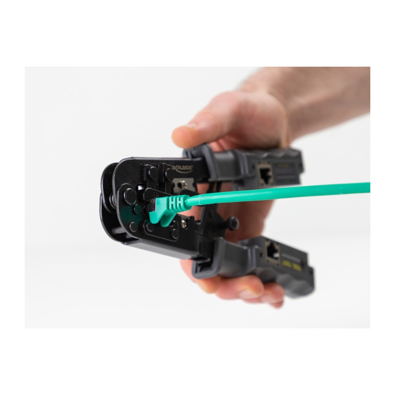 Delock Crimpzange mit Abisolierer und Netzwerktester für 8P (RJ45), 6P (RJ12/11) oder 4P (RJ10) Stecker