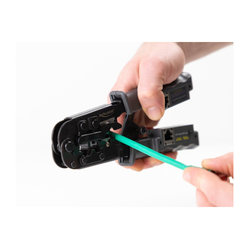 Delock Crimpzange mit Abisolierer und Netzwerktester für 8P (RJ45), 6P (RJ12/11) oder 4P (RJ10) Stecker