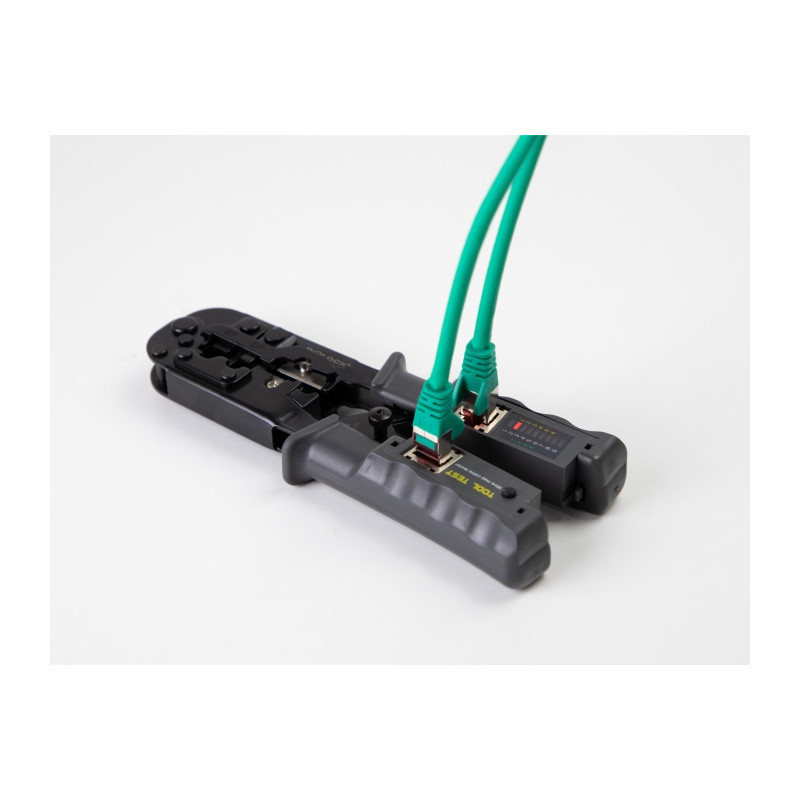Delock Crimpzange mit Abisolierer und Netzwerktester für 8P (RJ45), 6P (RJ12/11) oder 4P (RJ10) Stecker
