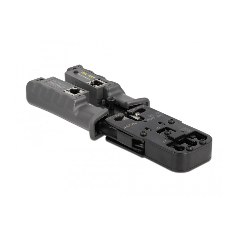 Delock Crimpzange mit Abisolierer und Netzwerktester für 8P (RJ45), 6P (RJ12/11), 6P DEC oder 4P (RJ10) Stecker