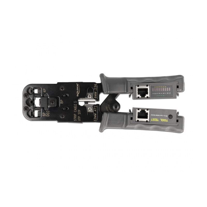 Delock Crimpzange mit Abisolierer und Netzwerktester für 8P (RJ45), 6P (RJ12/11), 6P DEC oder 4P (RJ10) Stecker
