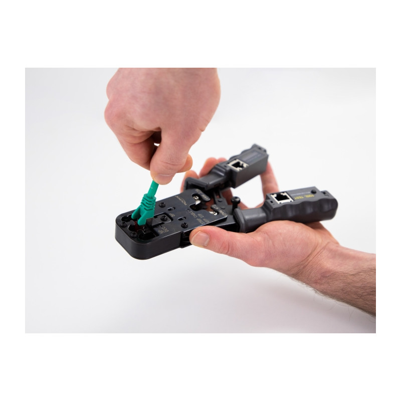 Delock Crimpzange mit Abisolierer und Netzwerktester für 8P (RJ45), 6P (RJ12/11), 6P DEC oder 4P (RJ10) Stecker