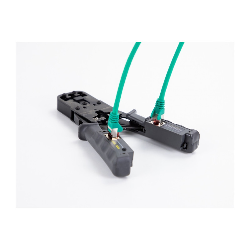 Delock Crimpzange mit Abisolierer und Netzwerktester für 8P (RJ45), 6P (RJ12/11), 6P DEC oder 4P (RJ10) Stecker
