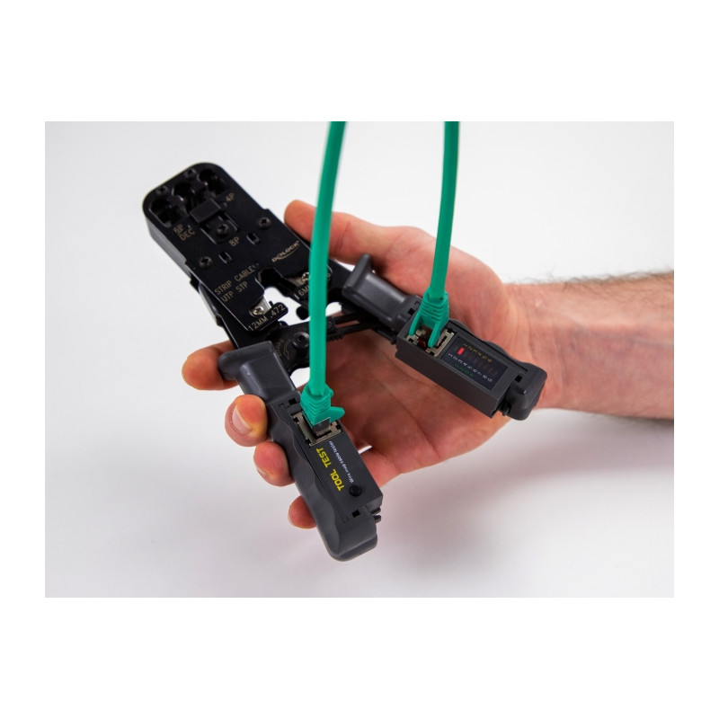 Delock Crimpzange mit Abisolierer und Netzwerktester für 8P (RJ45), 6P (RJ12/11), 6P DEC oder 4P (RJ10) Stecker