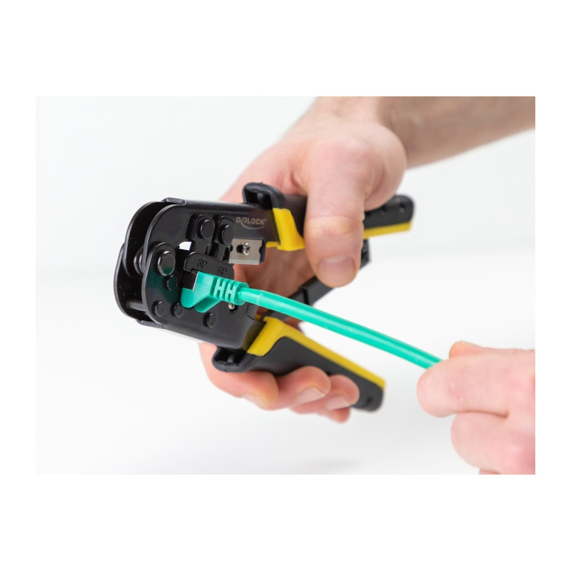 Delock Universelle Crimpzange mit Abisolierer für 8P (RJ45) oder 6P (RJ12/11) Stecker