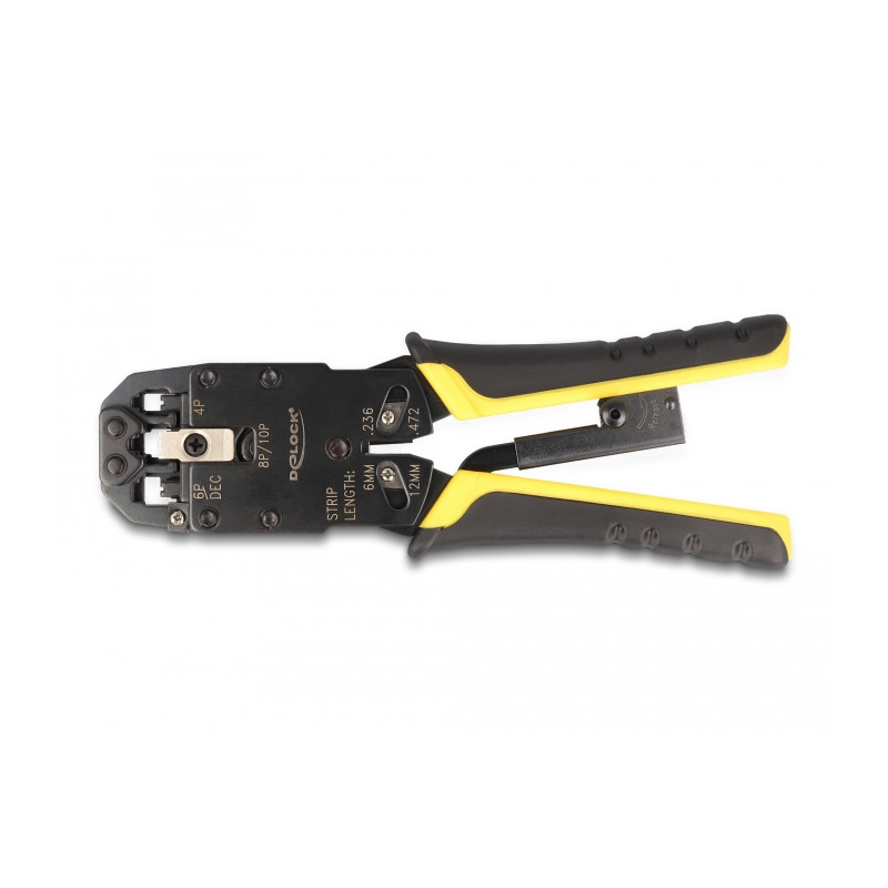 Delock Universelle Crimpzange mit Abisolierer für 10P (RJ50), 8P (RJ45), 6P (RJ12/11), 6P DEC oder 4P Modular Stecker