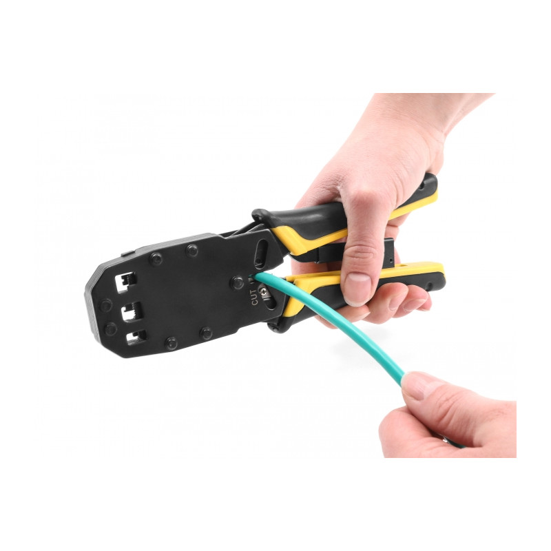 Delock Universelle Crimpzange mit Abisolierer für 10P (RJ50), 8P (RJ45), 6P (RJ12/11), 6P DEC oder 4P Modular Stecker
