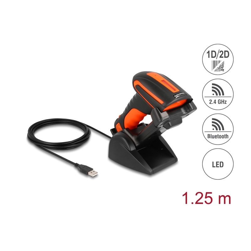 Delock Industrie Barcode Scanner 1D und 2D für 2,4 GHz oder Bluetooth mit induktiver Ladestation