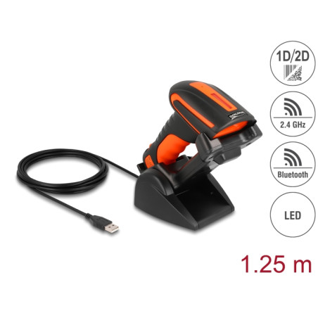 Delock Industrie Barcode Scanner 1D und 2D für 2,4 GHz oder Bluetooth mit induktiver Ladestation
